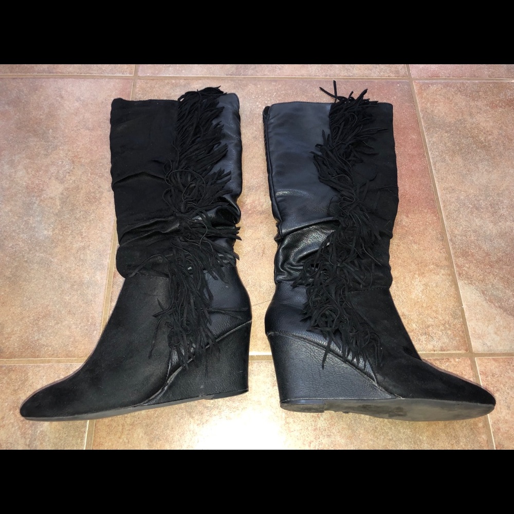 Just Fab black tall suede boots with fringe.